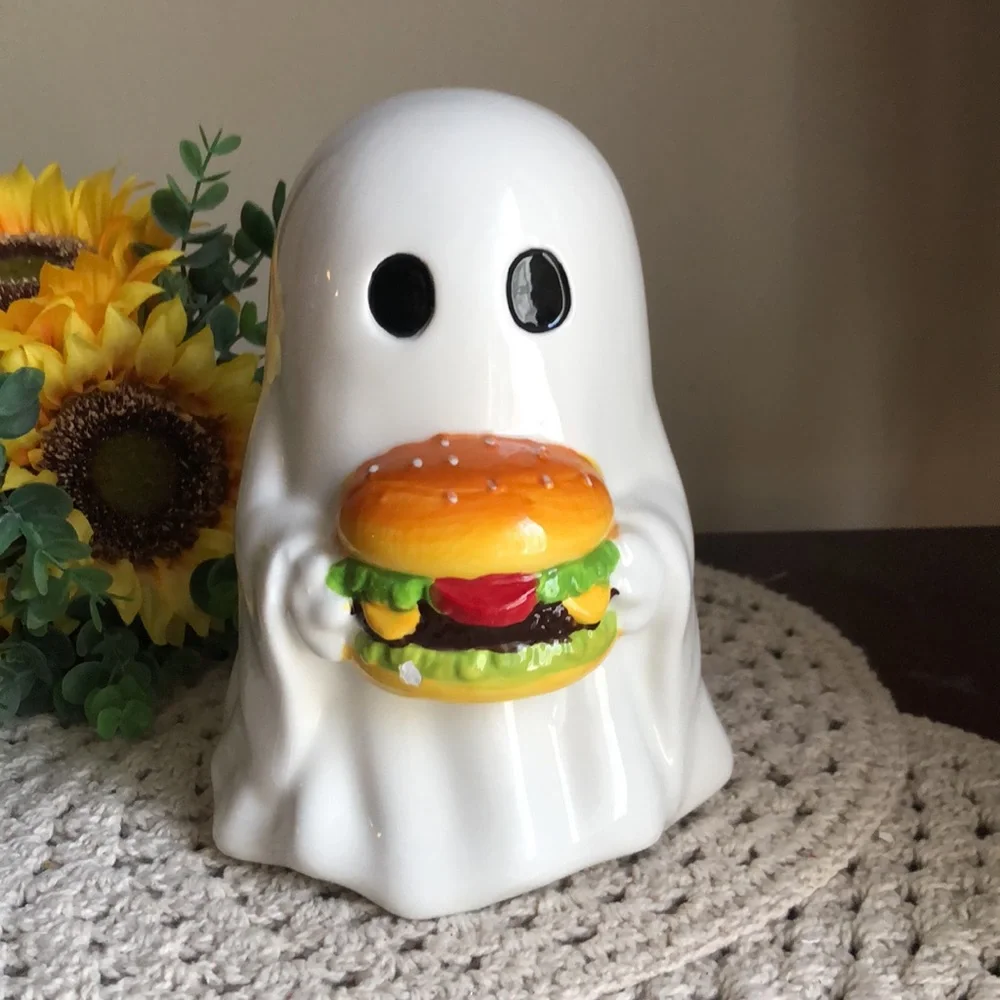 White Ceramic Ghost Figurine Holding Burger